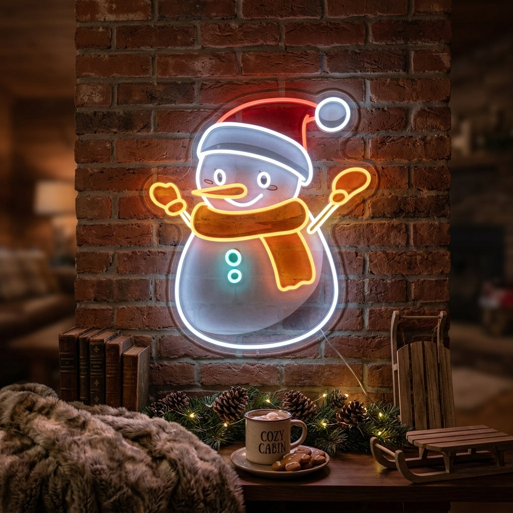 A glowing Snowman Neon Sign mounted on a textured brick wall in a cozy, decorated living room during the evening, next to a lit Christmas tree.