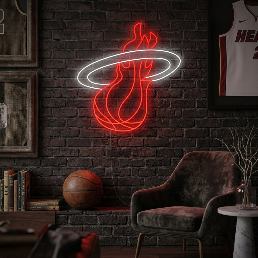 Miami Basketball Team Logo glowing neon sign mounted on a textured brick wall in a sports-themed room setting.