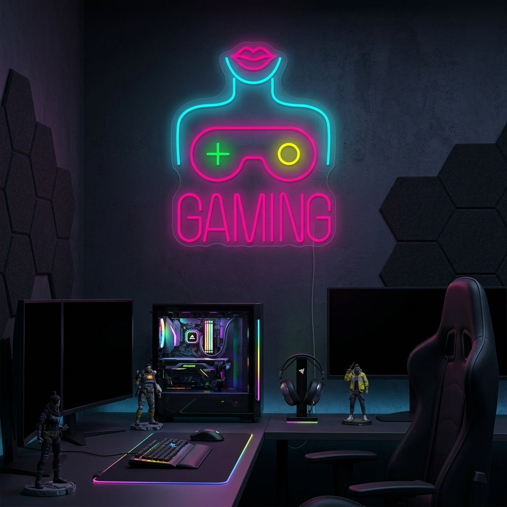 A vibrant 'Gaming' neon sign glowing on a wall, showcasing its colorful design.