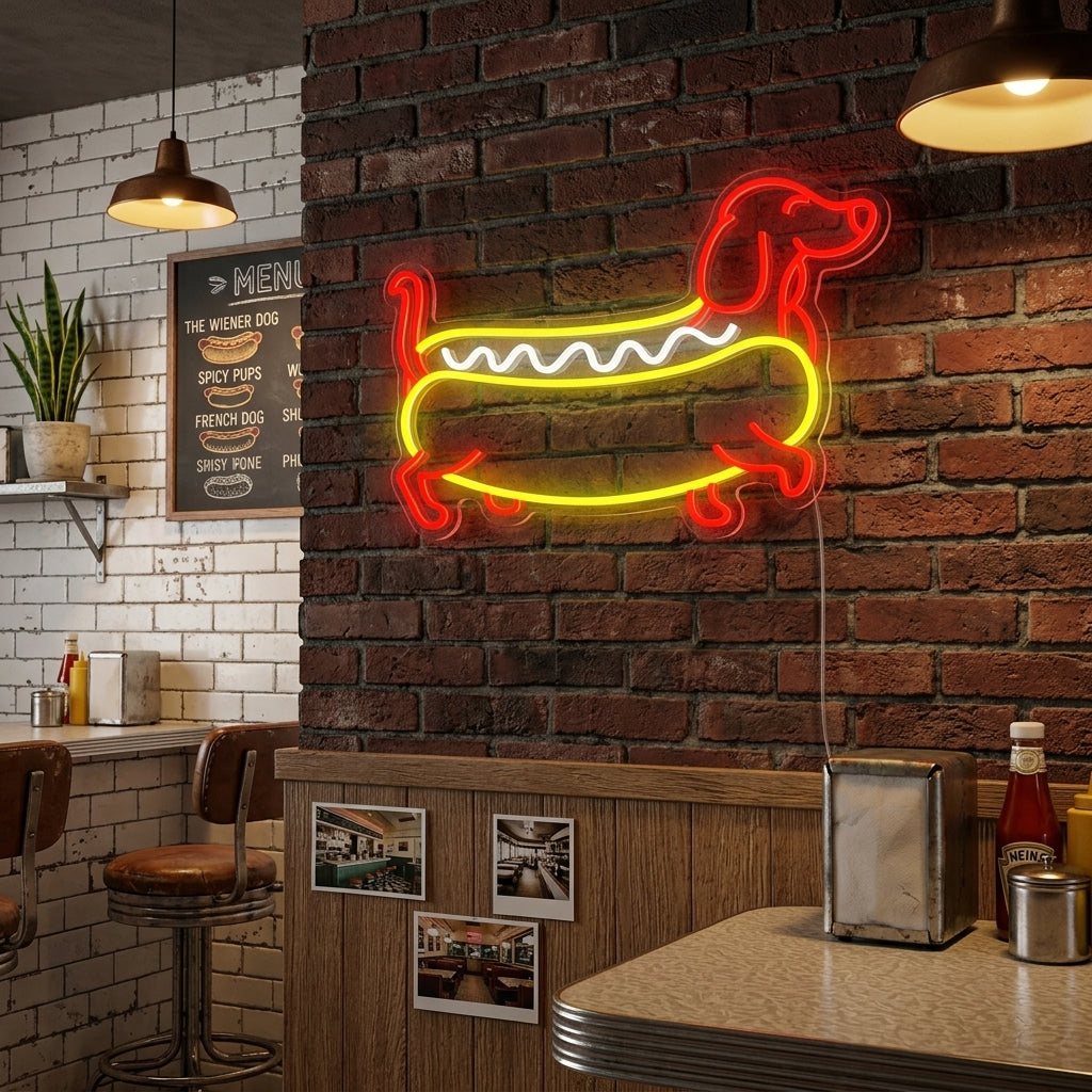 A bright, illuminated Dachshund Hotdog neon sign displayed on a kitchen wall above a wooden counter.