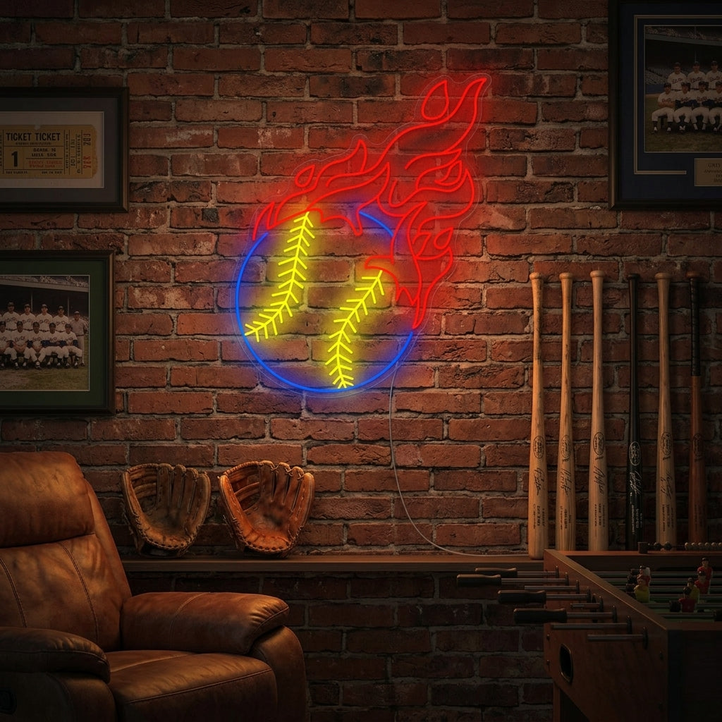 A vibrant 'Fire Baseball' neon sign glowing brightly on a brick wall, showing a flaming baseball design.