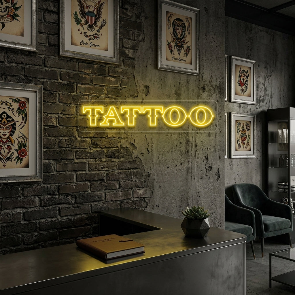 Tattoo neon sign in a moody interior