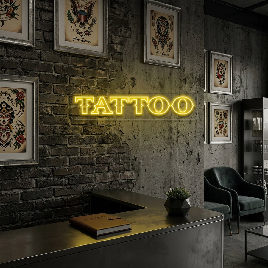 Tattoo neon sign in a moody interior