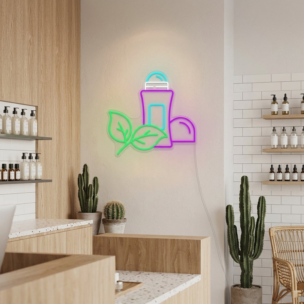 A glowing Antiperspirant Beauty Shop neon sign hangs above a retail counter in a modern beauty store interior.