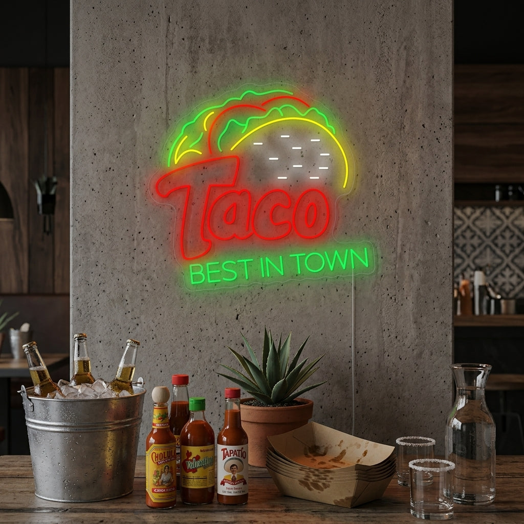 A vibrant 'Taco Best In Town' neon sign illuminating the wall of a lively Mexican restaurant during dinner service.