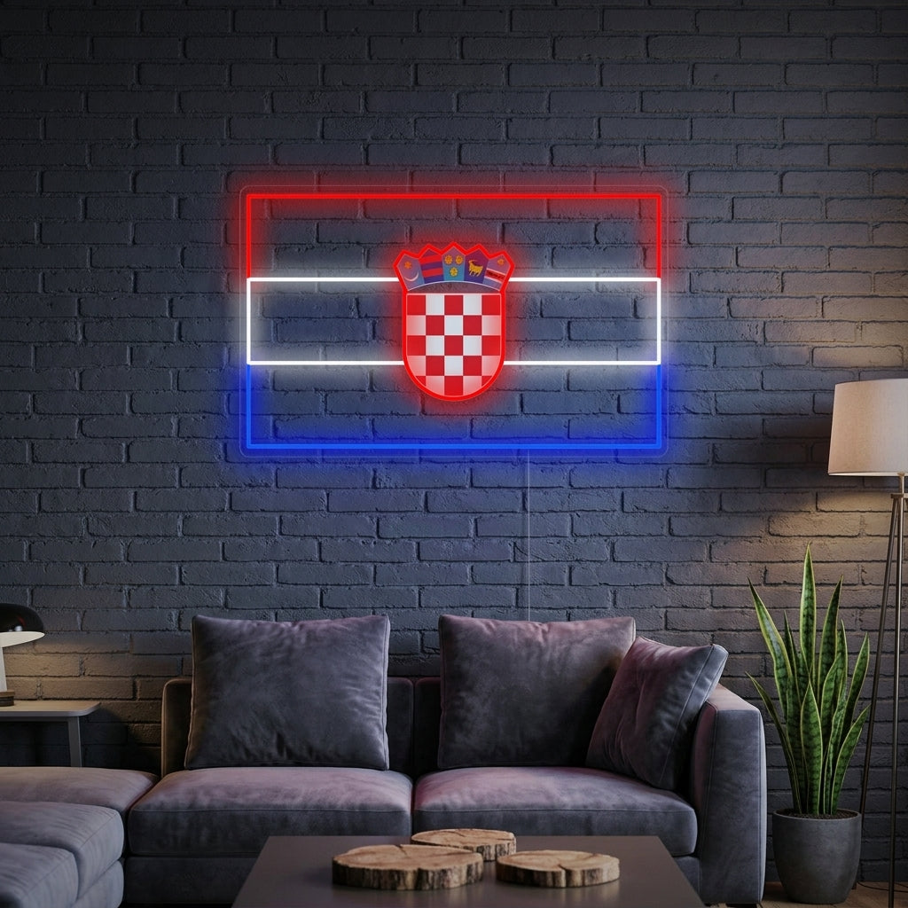 A lifestyle photograph showing the glowing 'Flag of Croatia' neon sign mounted on a rustic wooden wall above a cozy seating area.