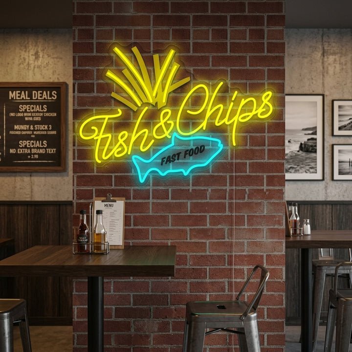A vibrant 'Fish & Chips' neon sign glowing brightly on a textured restaurant wall, illuminating a cozy dining area with warm blue and yellow light.