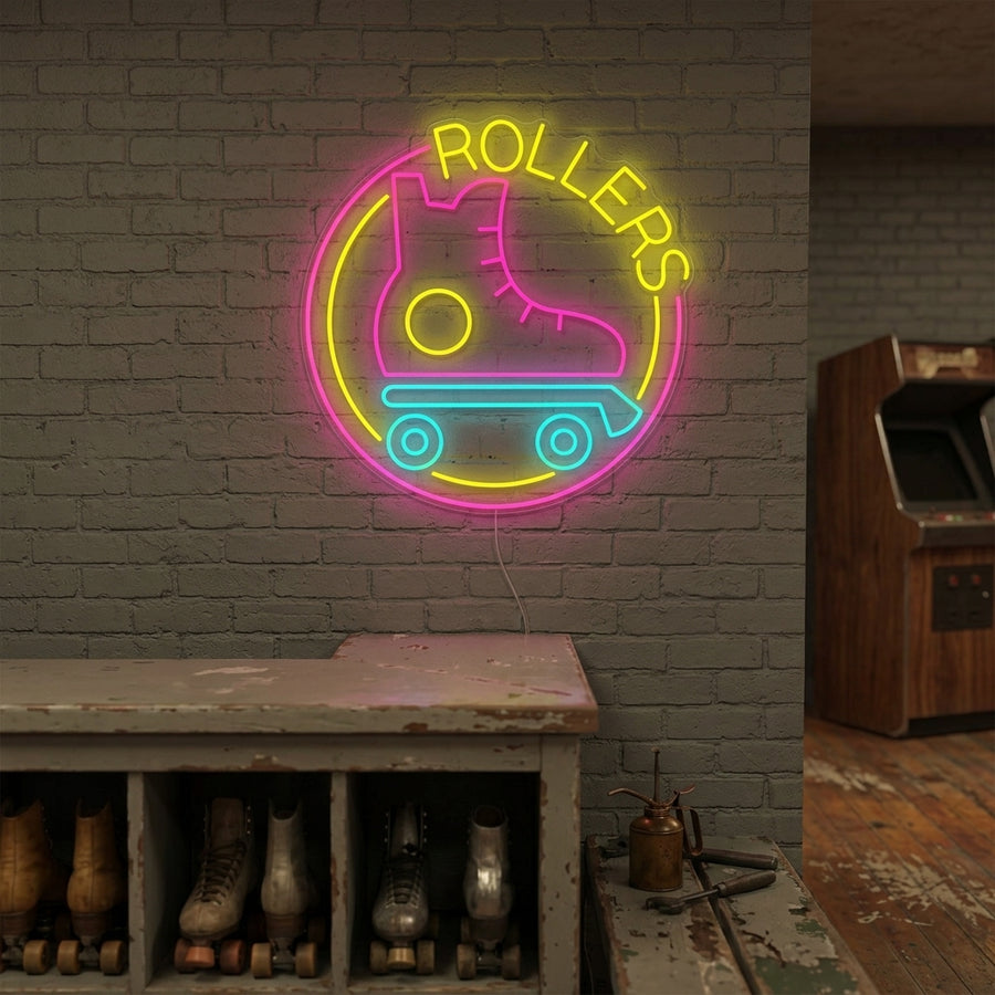 A vibrant 'Roller Skates' neon sign glowing brightly on a textured wall in a styled room.