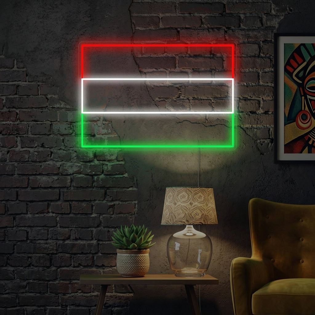 A glowing neon sign depicting the horizontal tricolor Flag of Hungary (red, white, and green) mounted on a brick wall in a modern room setting.