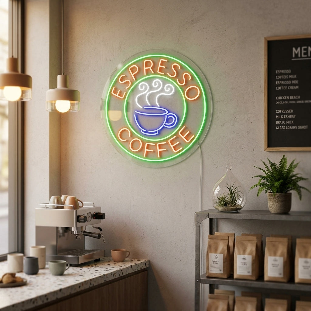Espresso Coffee Cafe neon sign glowing warm white in a modern cafe setting