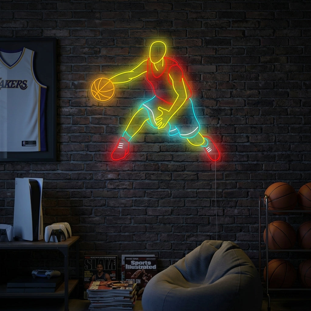 'Basketball 24 Player' neon sign, glowing red, mounted on a dark brick wall in a bedroom setting.