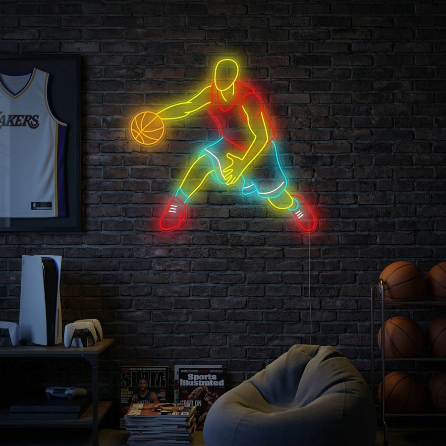 'Basketball 24 Player' neon sign, glowing red, mounted on a dark brick wall in a bedroom setting.