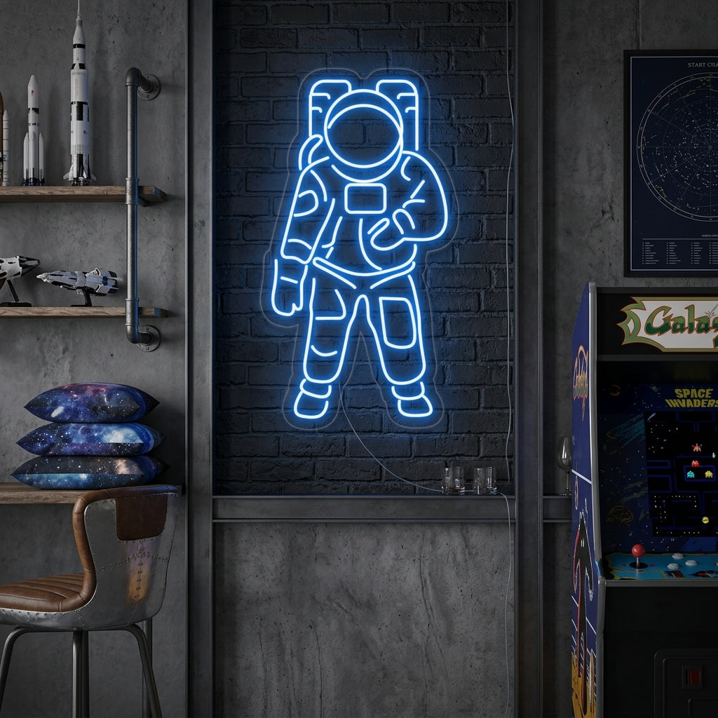 A glowing Astronaut Neon Sign illuminating a room with blue and orange light.
