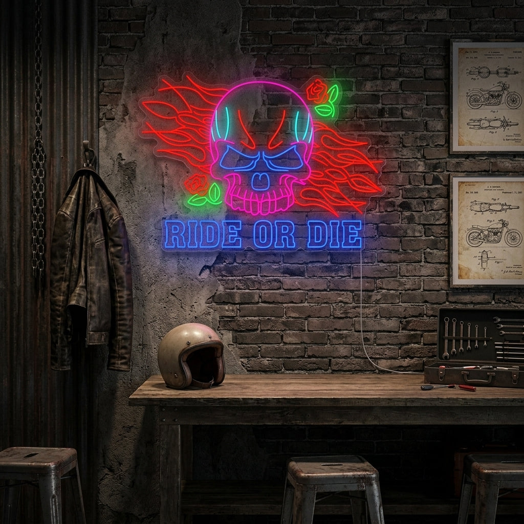 Vibrant Ride Or Die Skull neon sign glowing in a garage, showcasing intricate motorcycle imagery above a classic motorcycle.