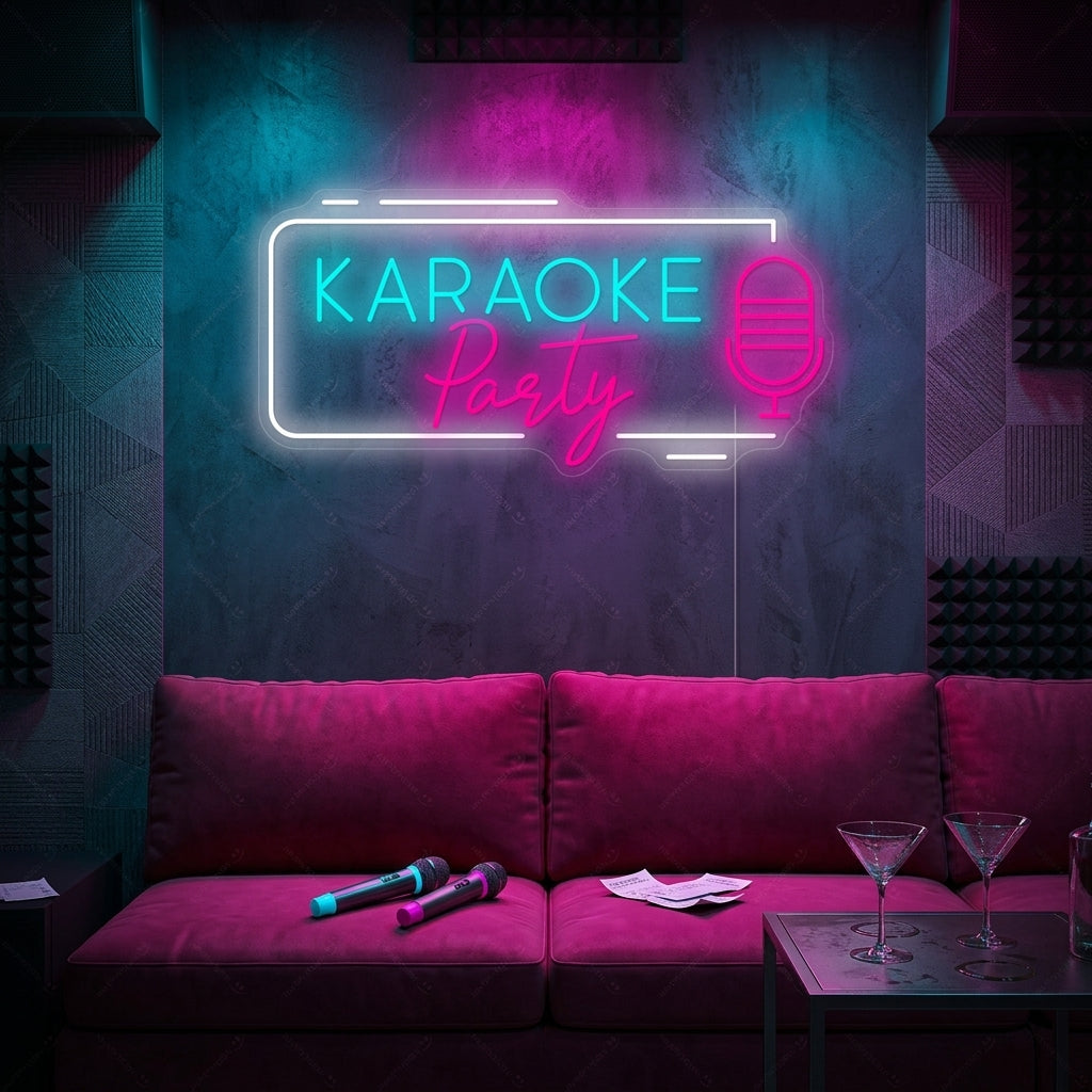 A vibrant 'Karaoke Party' neon sign with a microphone icon, glowing in magenta and cyan on a modern living room wall above a seating area.