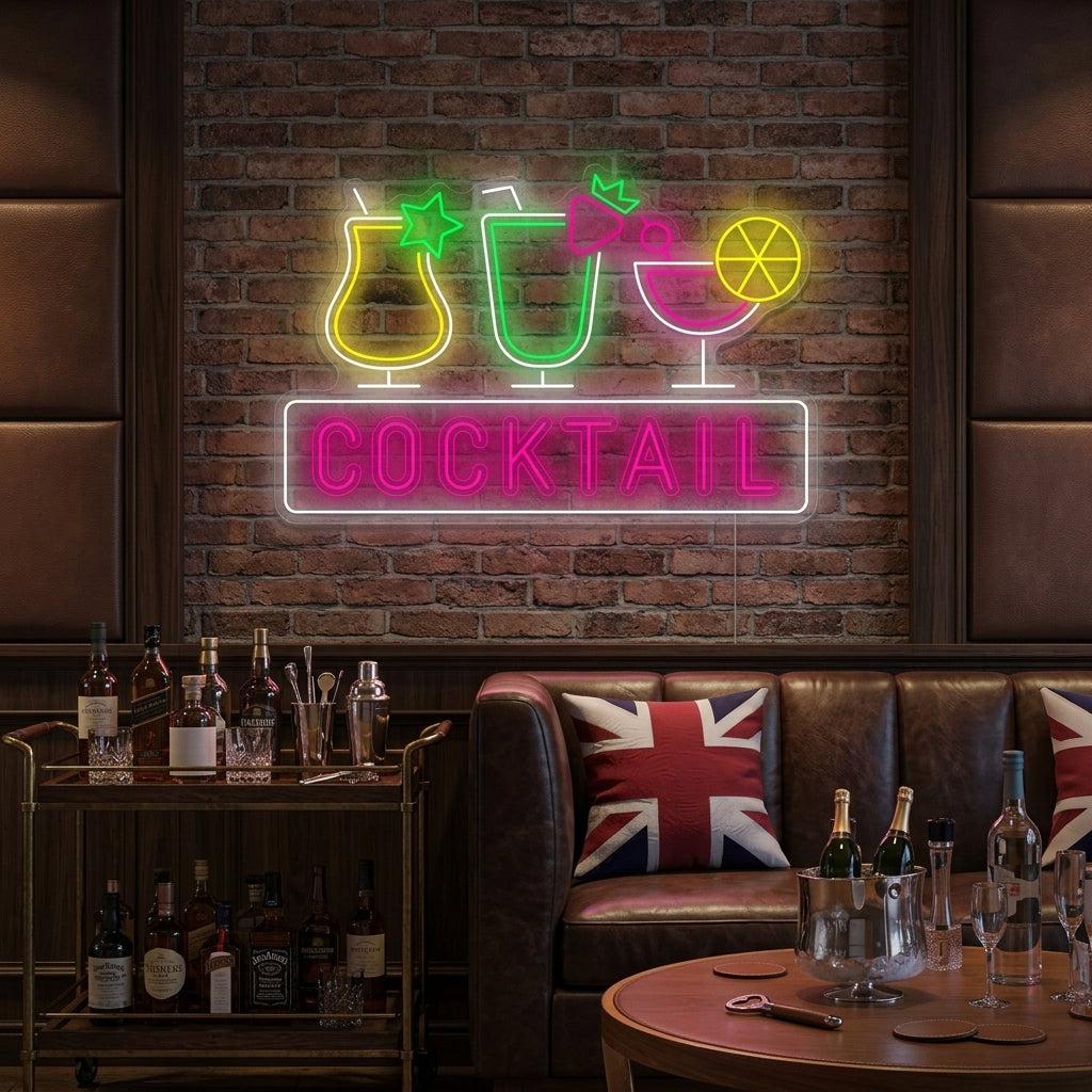 A vibrant 'Cocktail' neon sign featuring a glowing cocktail glass design illuminated in a contemporary bar or home lounge setting.