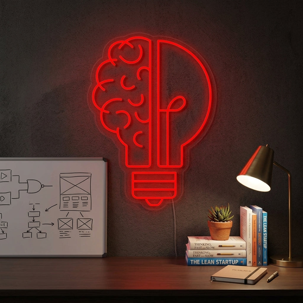A 'Good Idea Brain Bulb' neon sign glowing brightly on a textured wall in a modern, creatively decorated office workspace.