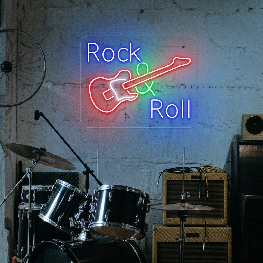 A vibrant 'Rock And Roll With Guitar' neon sign glowing brightly on a brick wall within a music-themed room.
