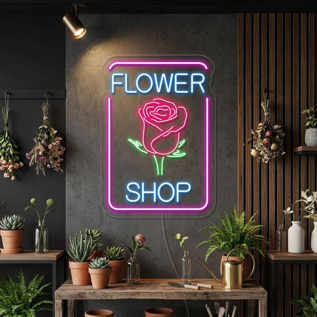 A lifestyle photo of a lit 'Flower Shop' neon sign hanging above plants.
