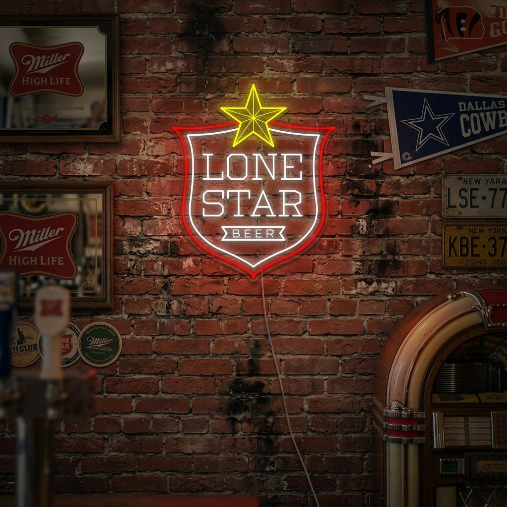 A vibrant 'LONE STAR Beer' neon sign glowing on a brick wall above a styled bar area, featuring the word 'Texas Beer' below.