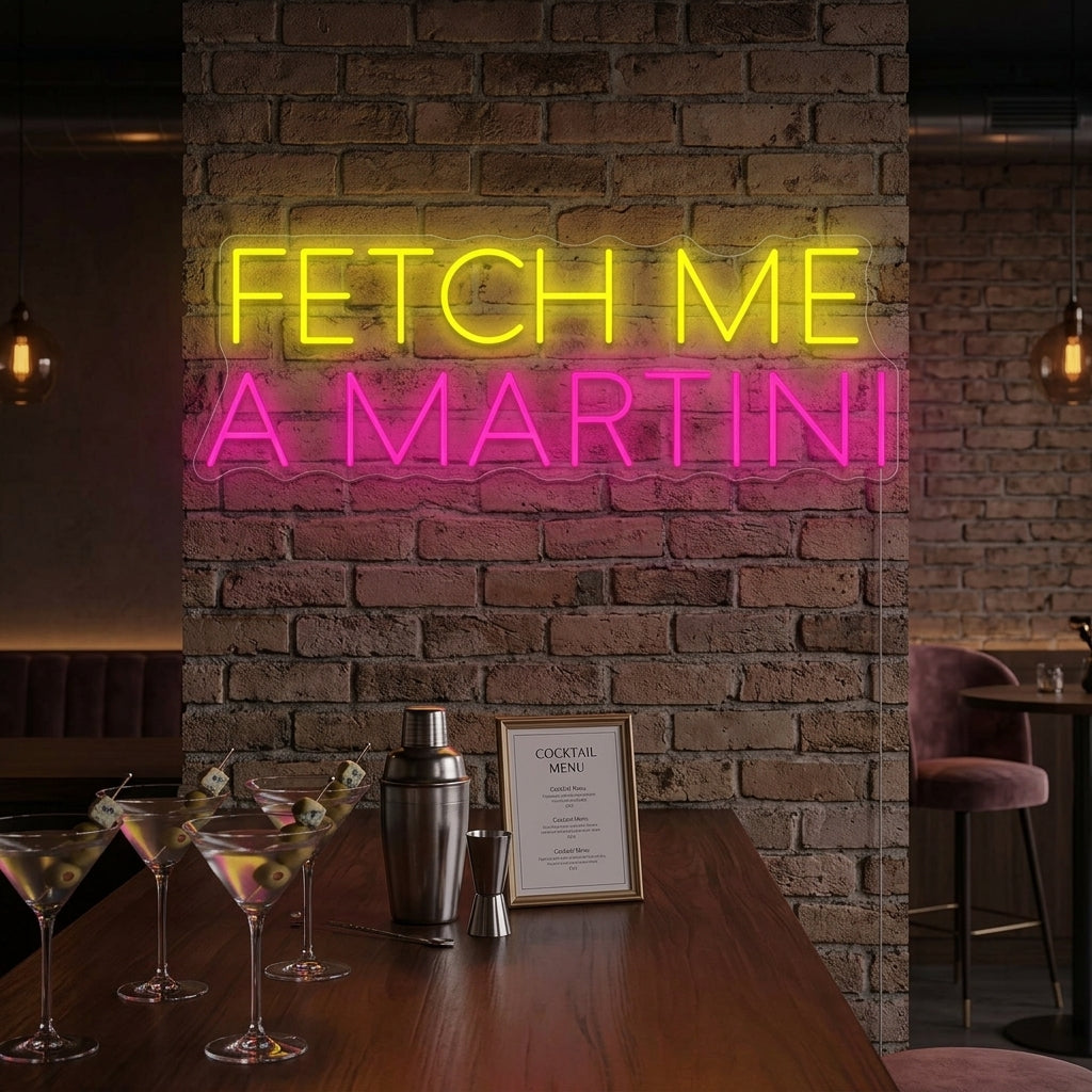 A "Fetch Me A Martini" neon sign glowing vibrantly in a chic, lifestyle bar setting.