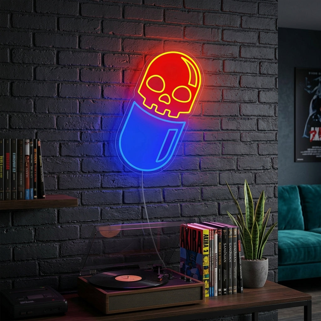 A glowing Skull Pill UV Print Neon Sign hanging on a dark wall above a sofa, illuminating a modern living room setup with unique wall art.