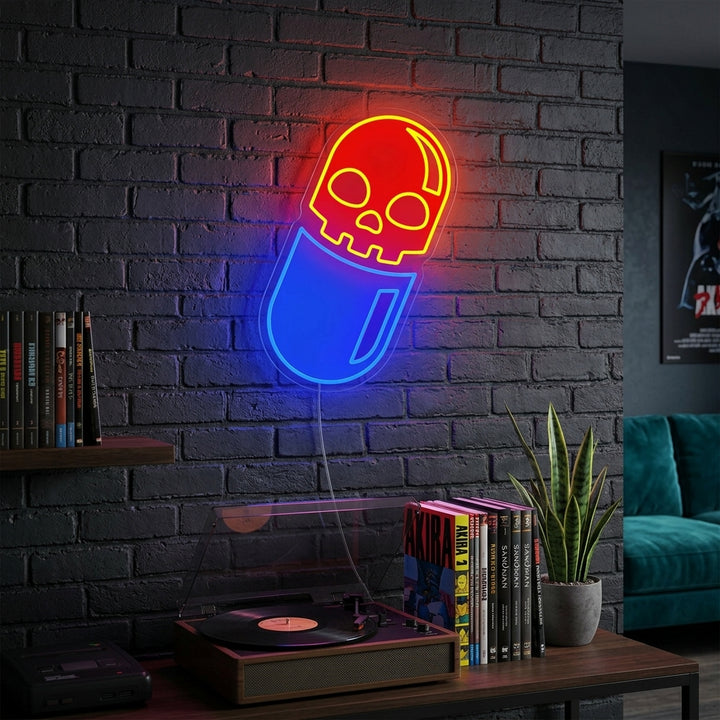A glowing Skull Pill UV Print Neon Sign hanging on a dark wall above a sofa, illuminating a modern living room setup with unique wall art.