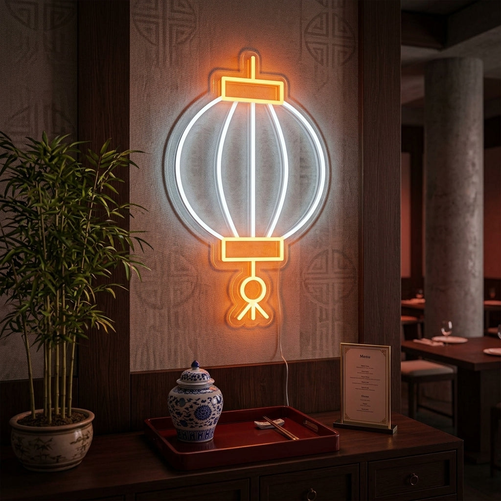 A glowing 'Chinese Element Lantern' neon sign mounted on a textured brick wall in a cozy living room setting.
