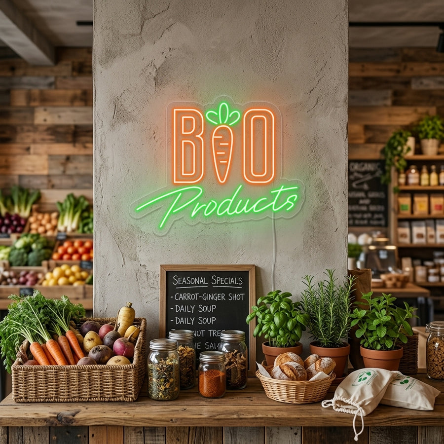 "Bio Products" neon sign illuminating a dim, upscale organic restaurant or health food store interior.