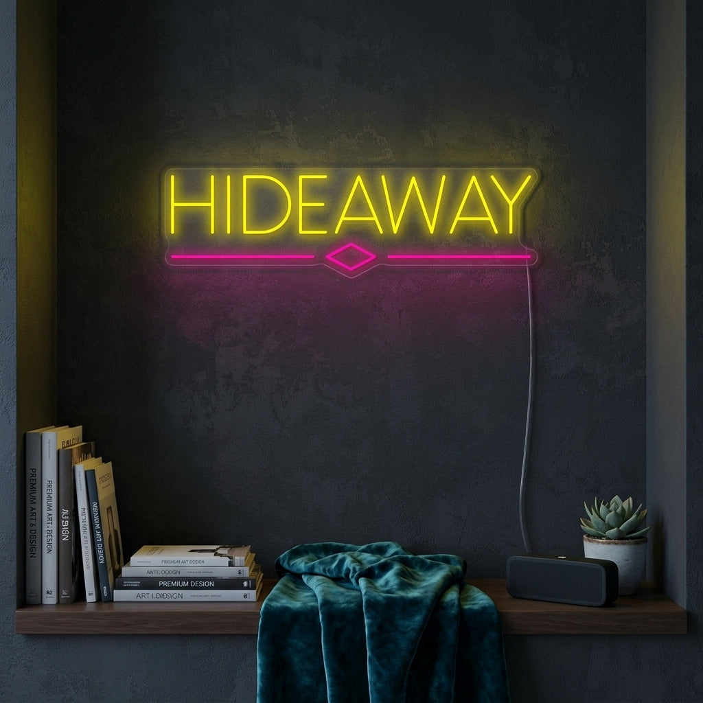 Handmade Hideaway Beer Bar Flag neon sign glowing on a textured brick wall in a rustic home bar setting
