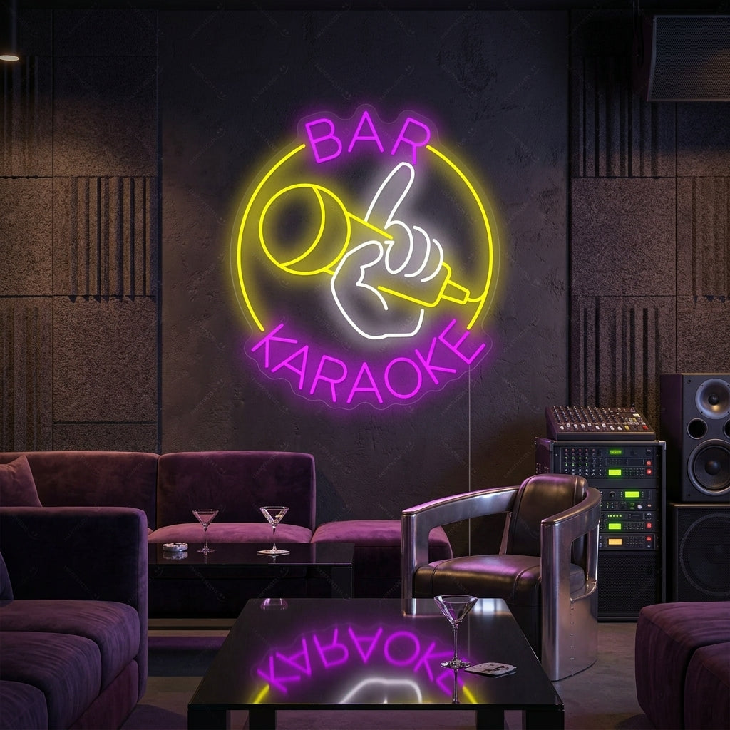 A vibrant 'Karaoke Bar' neon sign glowing on a dark wall above comfortable seating, creating a lively atmosphere.