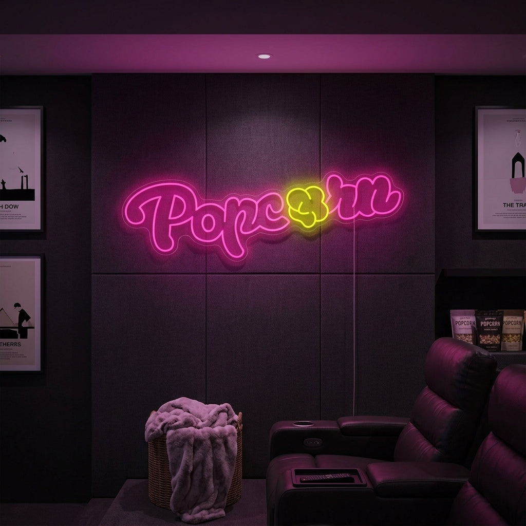 A vibrant yellow and white neon sign depicting a popcorn box glowing on a home theater room wall, enhancing the cozy atmosphere.