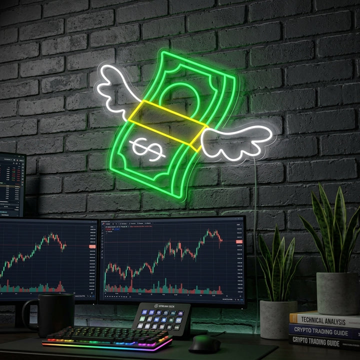 Lucky Dollar Money with Wings neon sign glowing in a dark, stylized home office environment.