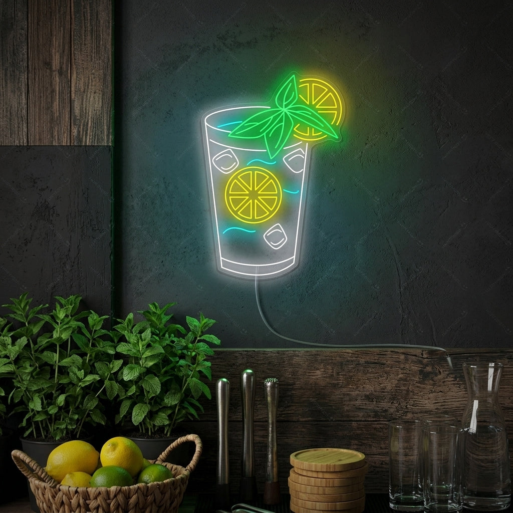 Vibrant "Mojito Bar" neon sign glowing brightly on a brick wall above a styled home bar setup with bottles and plants.