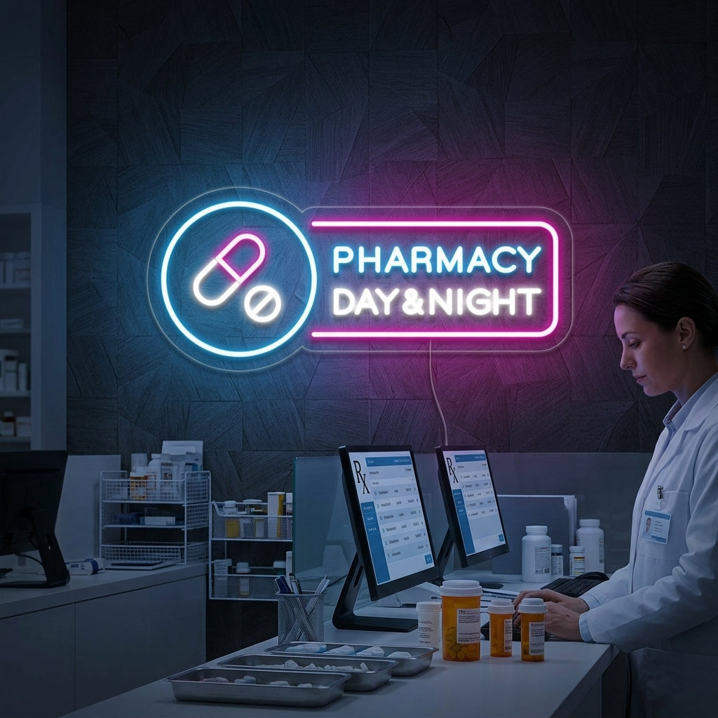 Large green cross Pharmacy Day Night neon sign glowing brightly on a brick wall above a store counter.