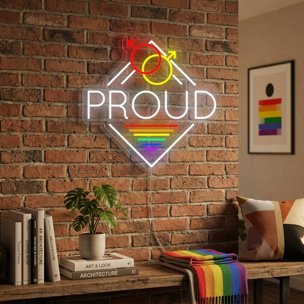 A vibrant 'LGBT Proud' neon sign glows warmly on a textured wall in a modern living space.
