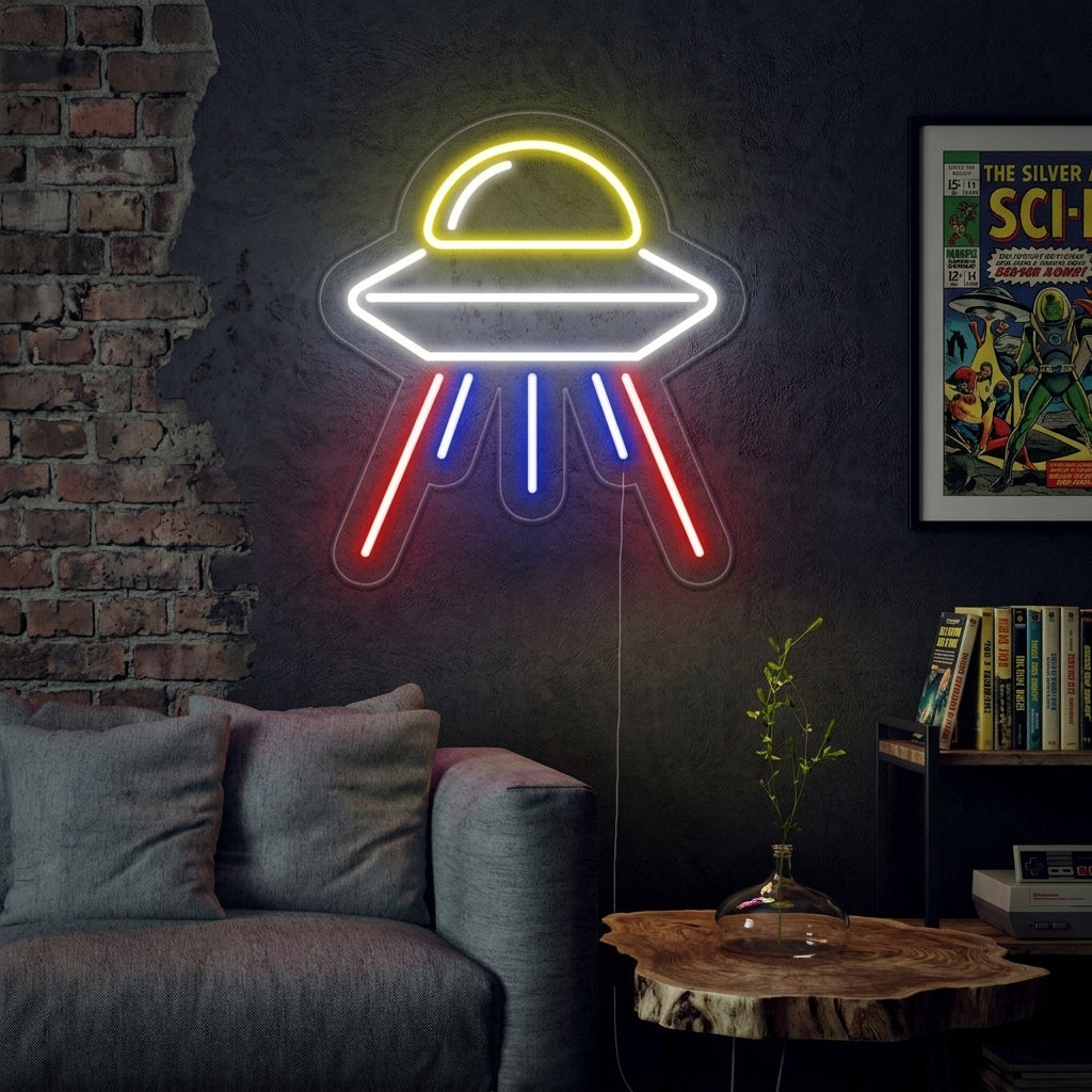 An 'Alien Spaceship' neon sign on display in a modern, stylishly lit interior space.