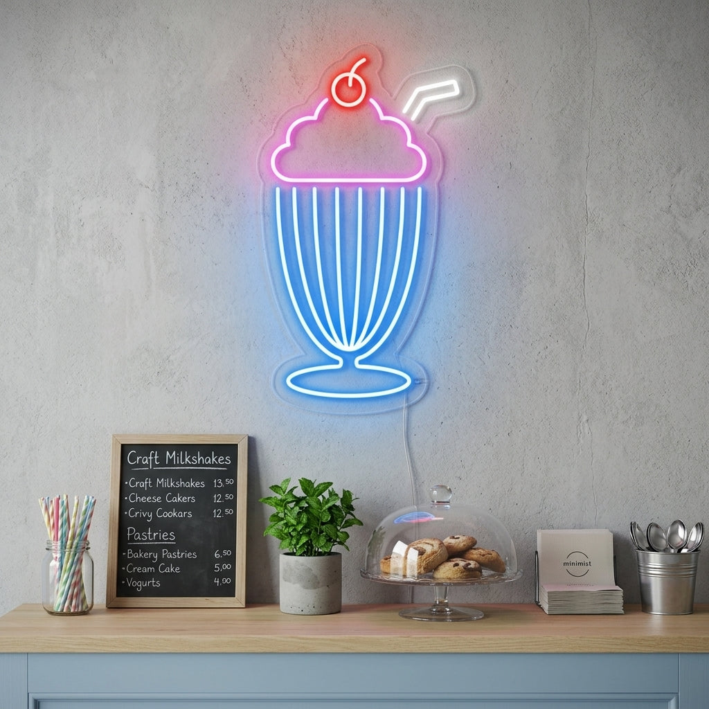 Glowing pink Milkshake neon wall sign hanging on a kitchen wall next to cafe-style shelving.