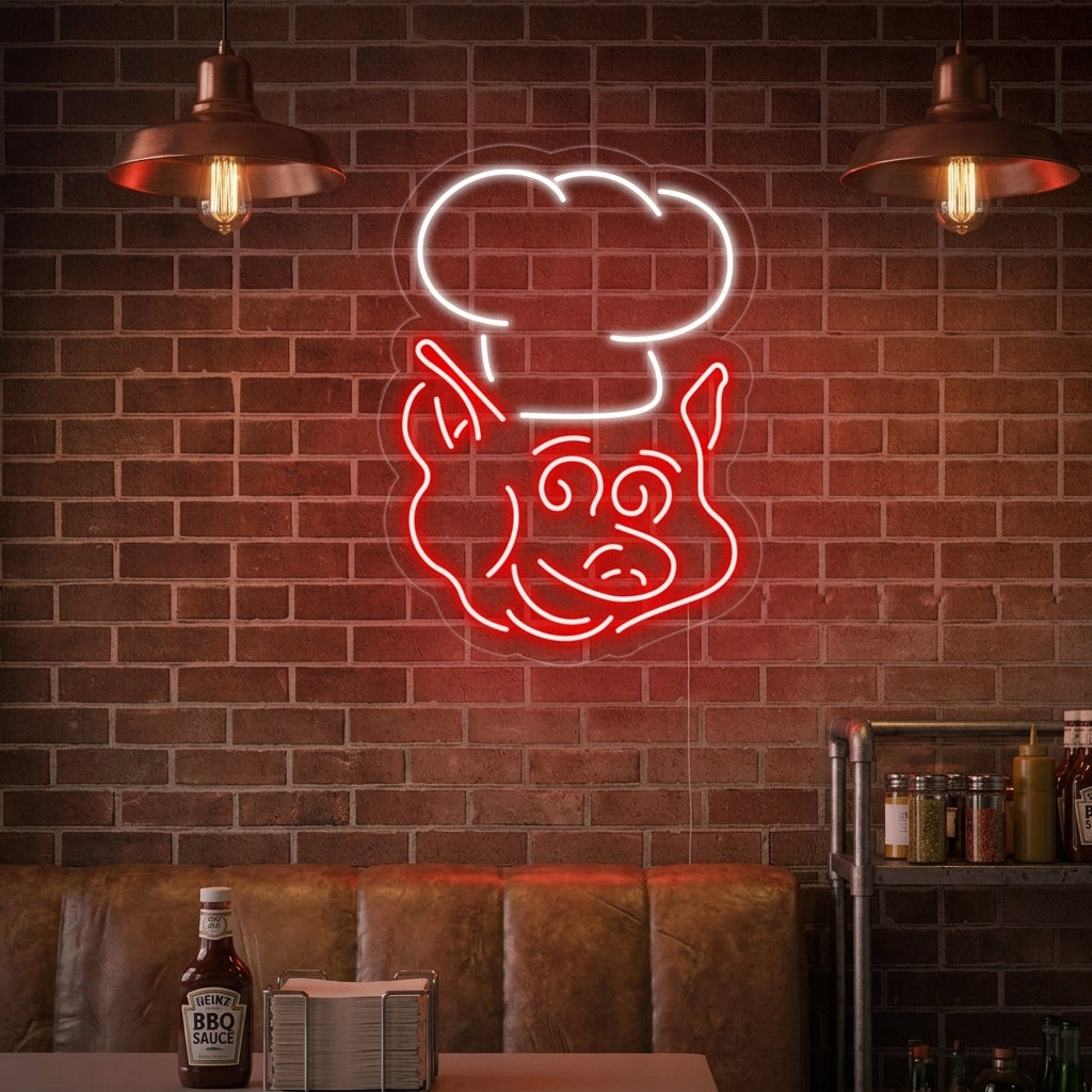 Pig Chef neon sign hanging in a modern rustic setting near industrial furniture and a bar area.