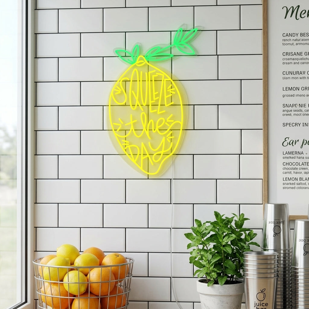 A vibrant 'Squeeze the Day' neon sign with text and a fruit icon hanging on a light grey wall in a bright, modern room.