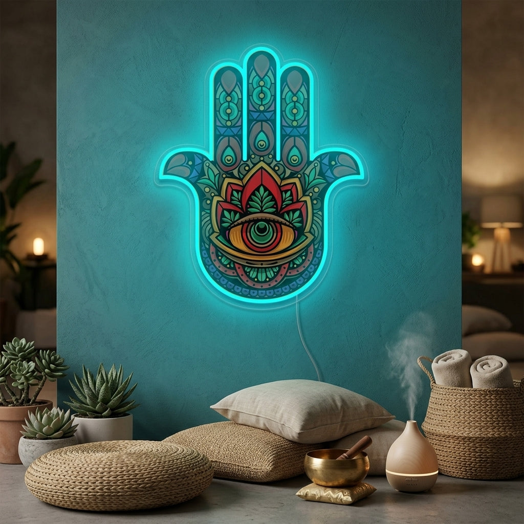 A glowing Hamsa Hand neon sign with detailed UV print, mounted on a wall in a calm, modern room suitable for yoga or meditation.