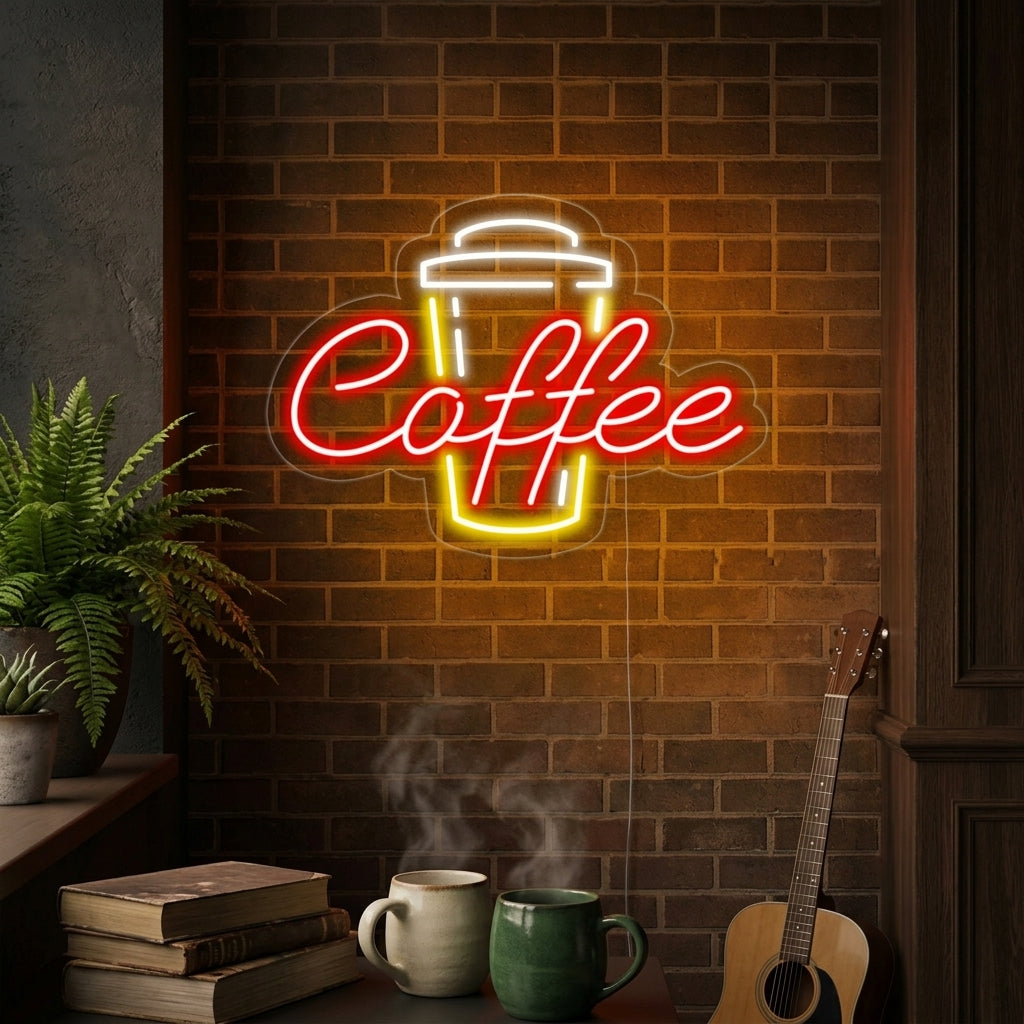An illuminated neon sign depicting a steaming coffee cup displayed on a brick wall inside a bustling café.