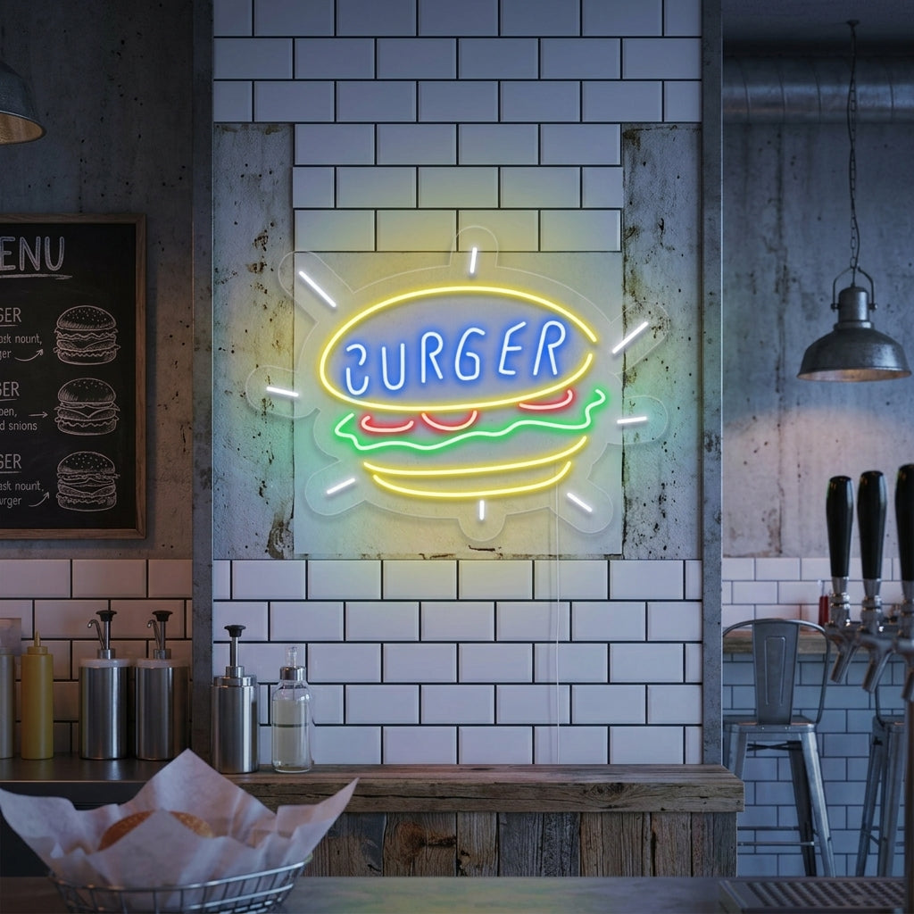 Vibrant 'Burger Shop Open' neon sign glowing on a textured brick wall within a stylish, busy modern restaurant setting.