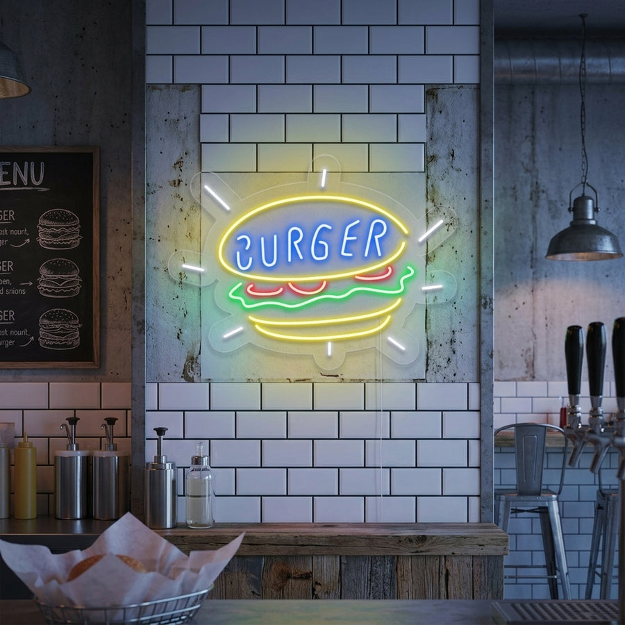 Vibrant 'Burger Shop Open' neon sign glowing on a textured brick wall within a stylish, busy modern restaurant setting.