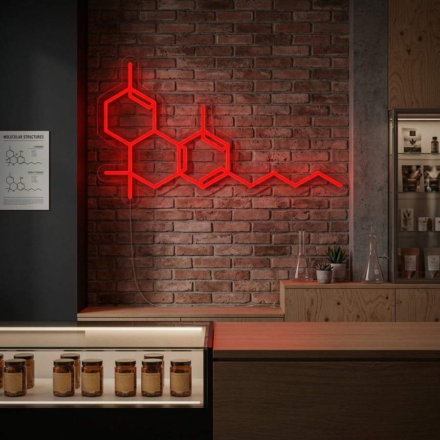 A vibrant green THC molecule neon sign glowing on a textured brick wall in a contemporary living room setting.