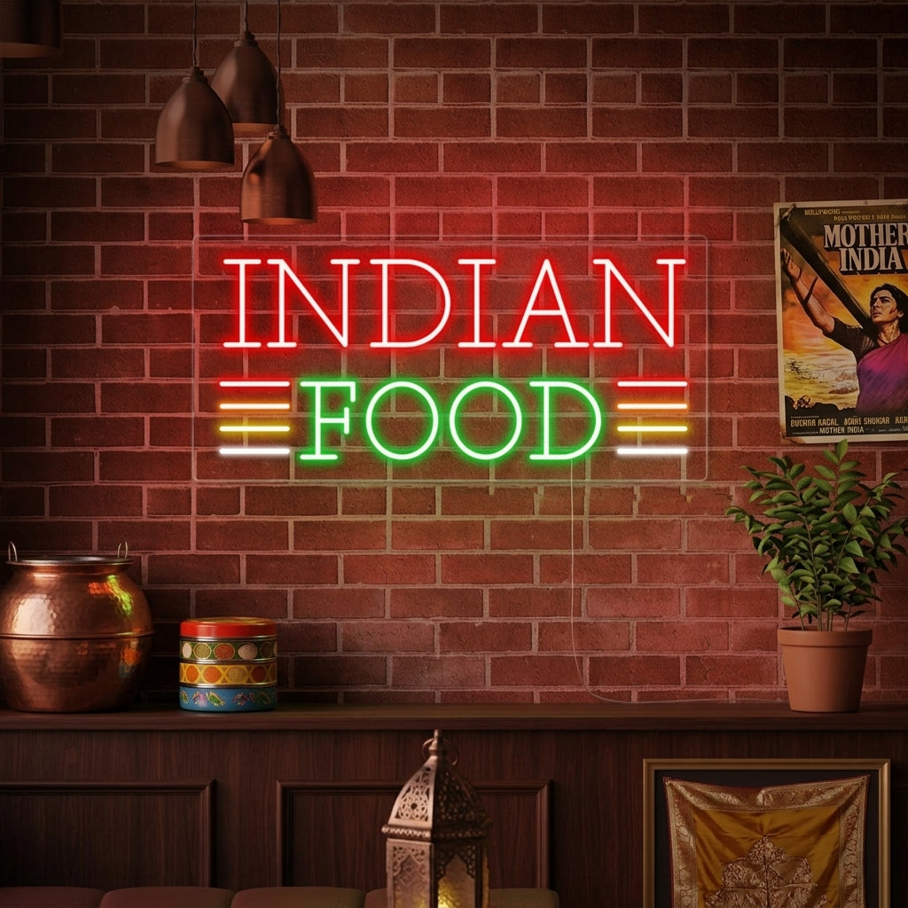 Vibrant "INDIAN FOOD" neon sign glowing warmly on a rustic brick wall inside a bustling restaurant, surrounded by traditional decor.