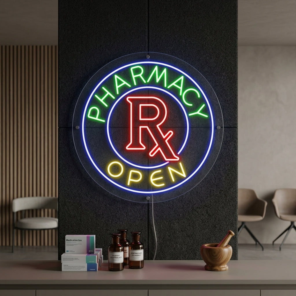A bright green and white Pharmacy Open neon sign illuminated in a modern pharmacy window at night, casting light on pharmacy products.