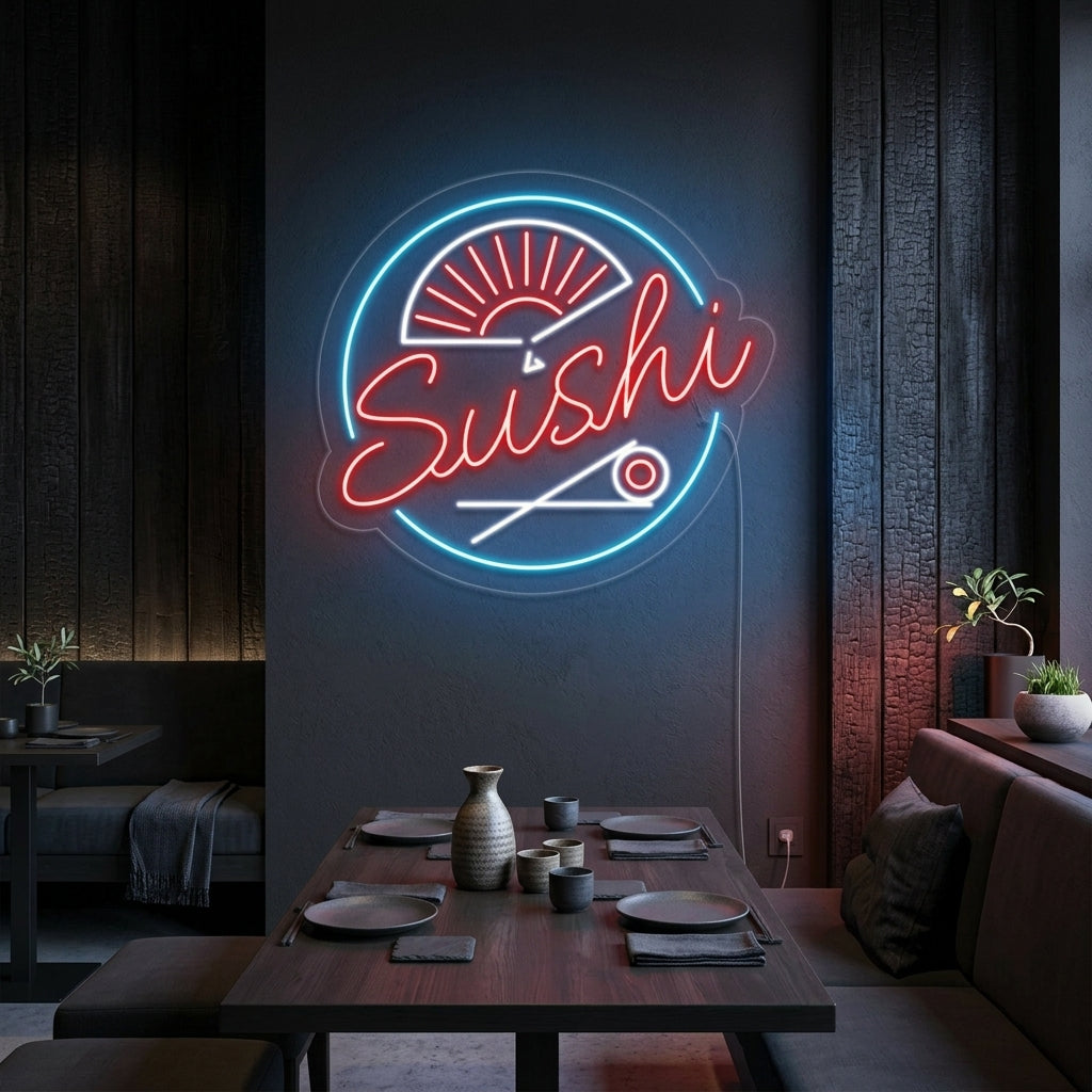 A vibrant 'Sushi' neon sign glowing on a textured brick wall, showing the integrated sushi graphic.