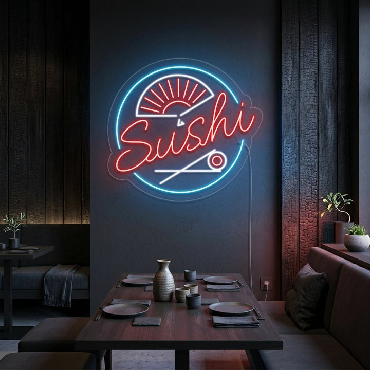 A vibrant 'Sushi' neon sign glowing on a textured brick wall, showing the integrated sushi graphic.