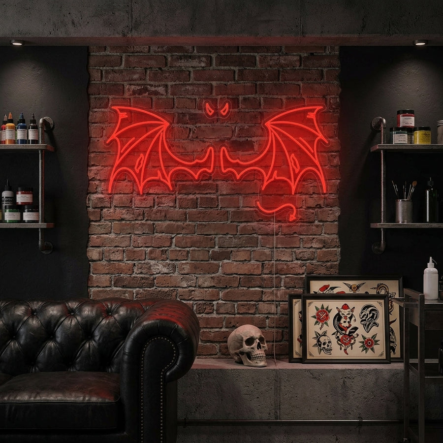Devil Wings glowing neon sign on a wall in a living room